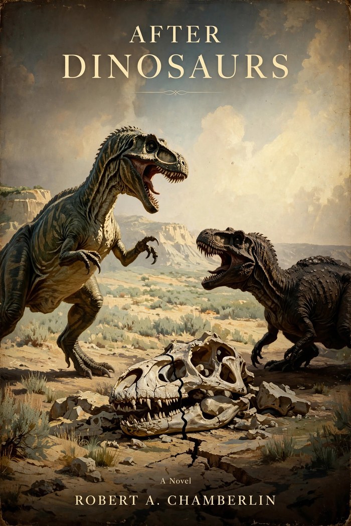 Cover of After Dinosaurs: two dinosaurs facing off over a cracked fossil skull in a desert badland